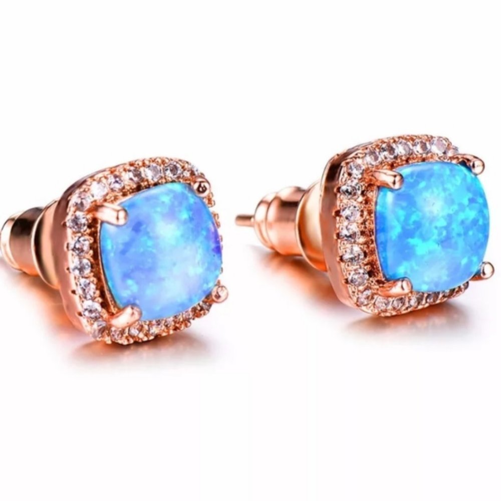 NEW 18K Rose Gold Blue Opal Diamond Halo Earrings - Picture 6 of 6